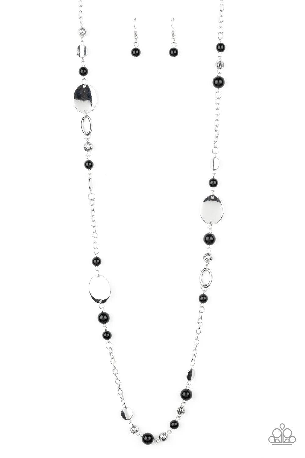 Paparazzi Accessories Serenely Springtime - Black An array of polished black beads, silver discs, and ornate silver accents trickles along a shimmery silver chain for a whimsical look. Features an adjustable clasp closure. Sold as one individual necklace.
