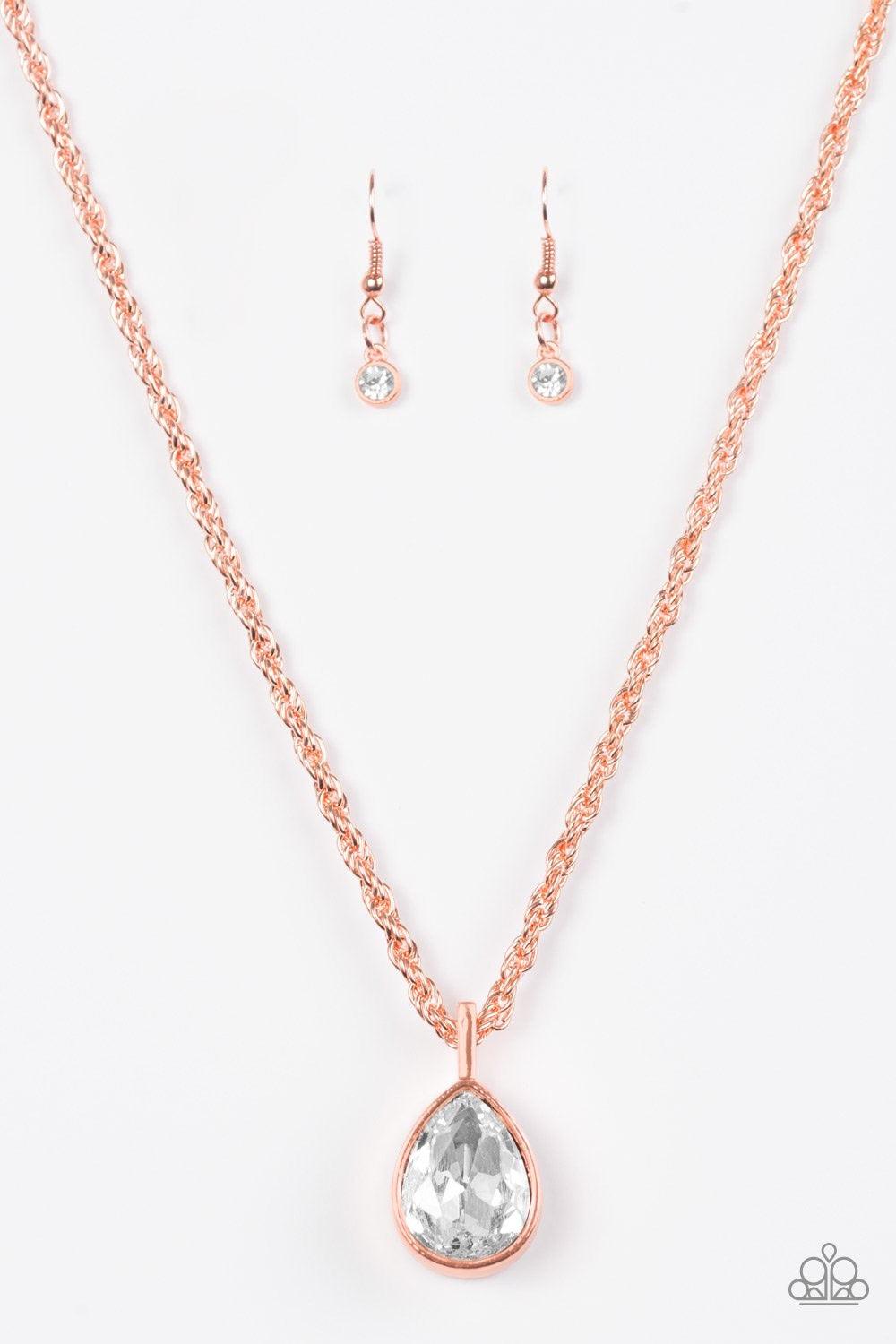 Paparazzi Accessories Million Dollar Drop - Copper A white teardrop gem is pressed into a sleek copper frame, creating a bold 3-dimensional pendant below the collar. Features an adjustable clasp closure. Sold as one individual necklace. Includes one pair