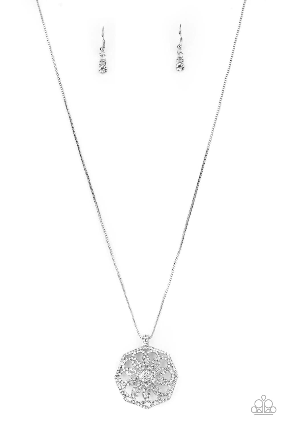 Paparazzi Accessories Botanical Bling - White A spiraling floral frame is encrusted in glassy white rhinestones, resulting in a timeless pendant at the bottom of a dainty silver box chain. Features an adjustable clasp closure. Sold as one individual neckl
