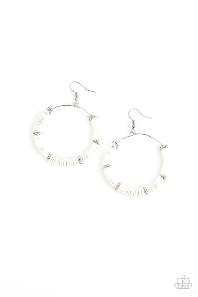 Paparazzi Accessories Loudly Layered - White Infused with studded silver floral-shaped rings, a flirty collection of rubbery white flowers are threaded along a dainty wire hoop for a whimsical pop of color. Earring attaches to a standard fishhook fitting.