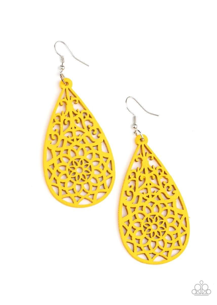 Paparazzi Accessories Seaside Sunsets - Yellow A sunny yellow wooden teardrop is cut into a stenciled floral pattern, creating a whimsical lure. Earring attaches to a standard fishhook fitting. Sold as one pair of earrings. Jewelry