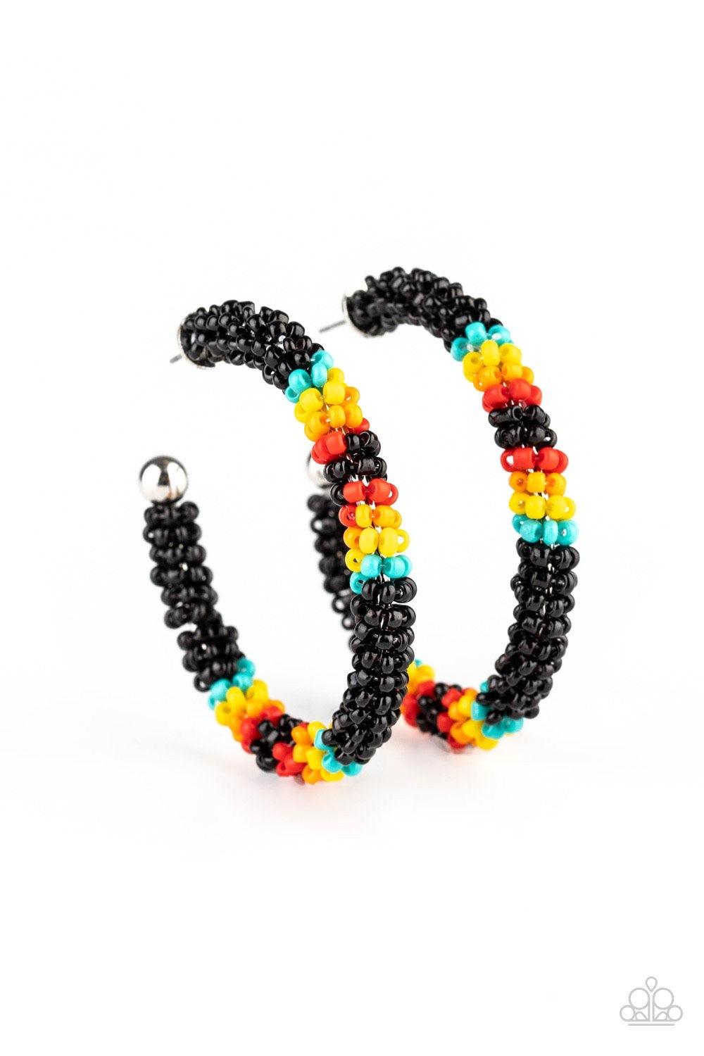 Paparazzi Accessories Bodaciously Beaded - Black A colorful strand of black, blue, yellow, orange, and red seed beads wraps around a shiny silver hoop, creating a colorfully seasonal look. Earring attaches to a standard post fitting. Hoop measures approxi
