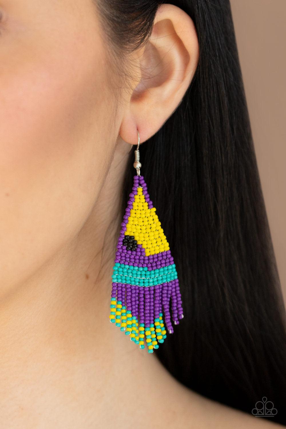 Paparazzi Accessories Brightly Beaded - Purple Strands of purple, yellow, black, and green seed beads colorfully weave into a vivaciously beaded fringe. Earring attaches to a standard fishhook fitting. Sold as one pair of earrings. Jewelry
