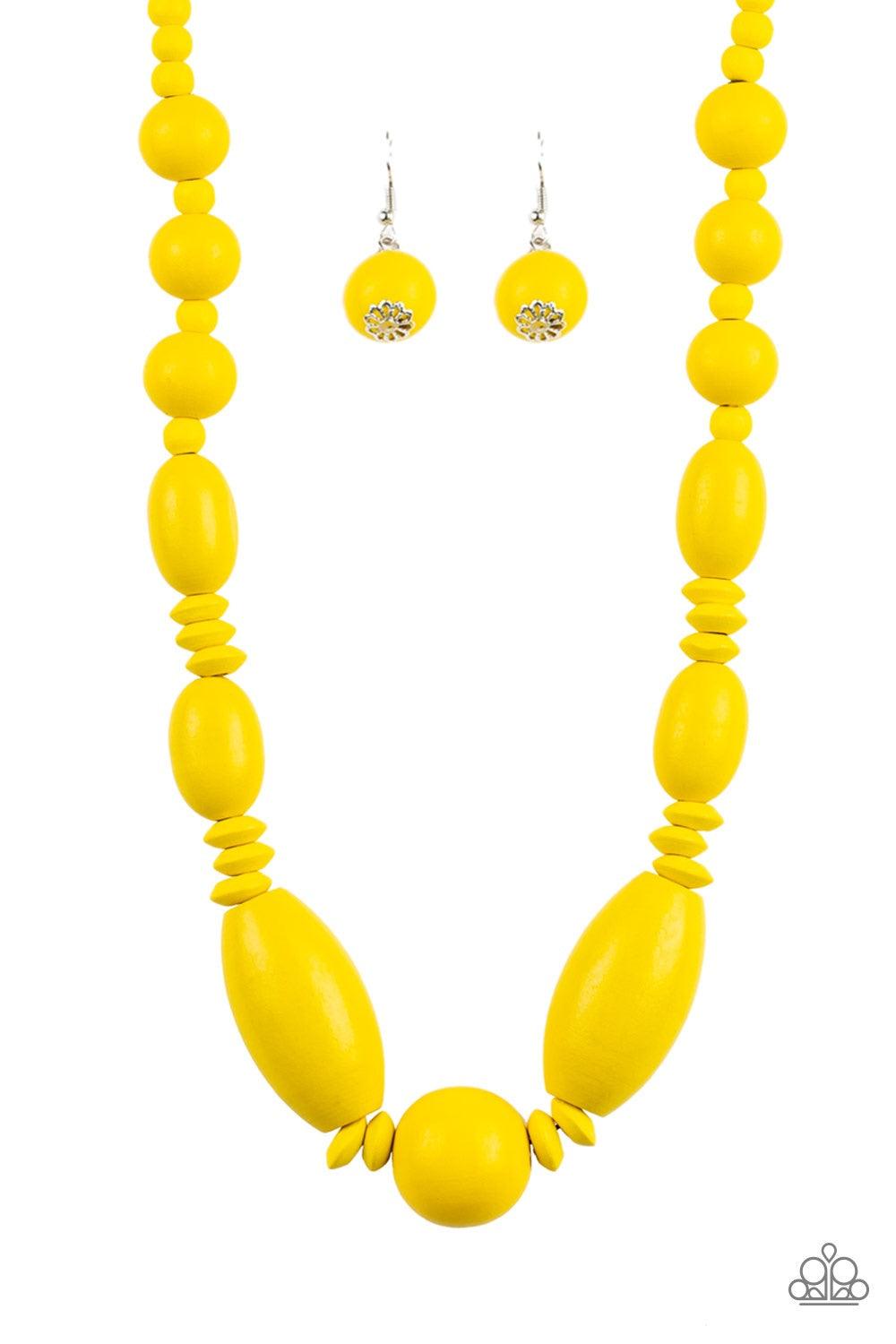 Paparazzi Accessories Summer Breezin - Yellow A variety of yellow wooden beads are threaded along a brown string draped across the chest for a summery flair. Jewelry