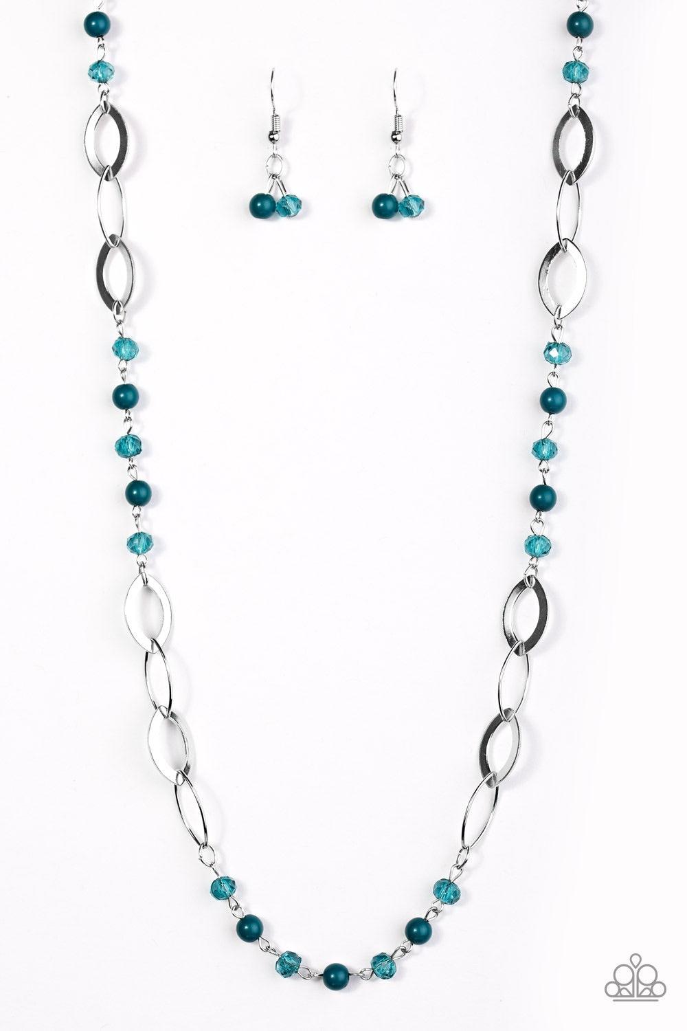Paparazzi Accessories Sparkling Sophistication - Blue Polished Shaded Spruce and crystal-like beading trickle along a dainty silver chain for a sophisticated look. Marquise-shaped silver discs are sprinkled between the colorful beading for a shiny finish.