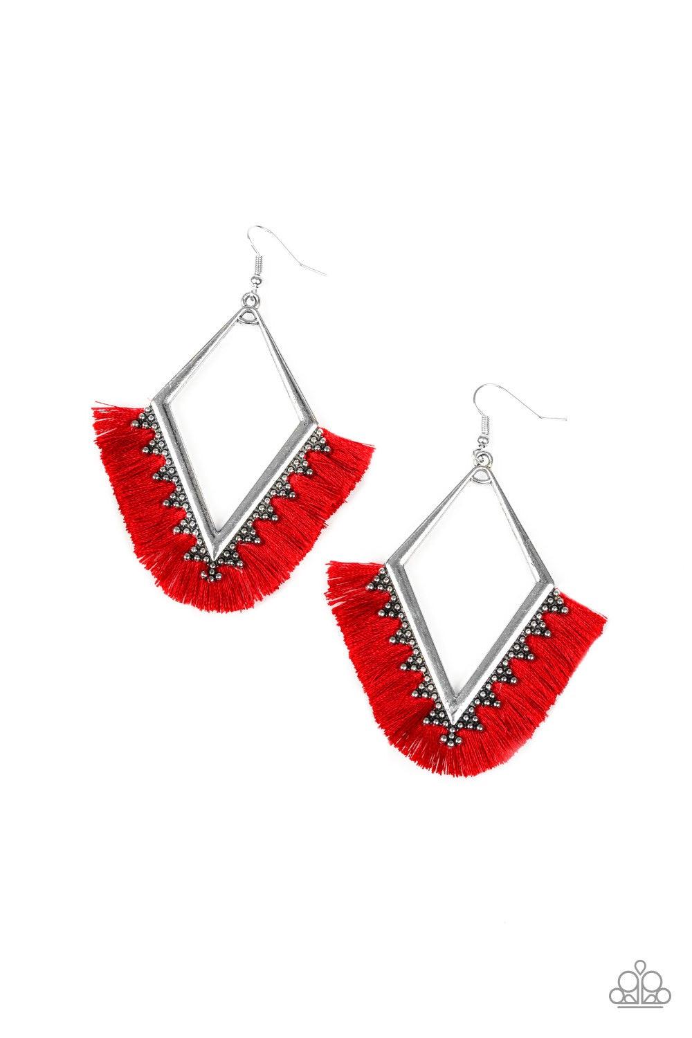 Paparazzi Accessories When in Peru - Red A fan of shiny red thread flares out from the bottom of a kite-shaped silver frame radiating with studded details for a flirtatious look. Earring attaches to a standard fishhook fitting. Jewelry