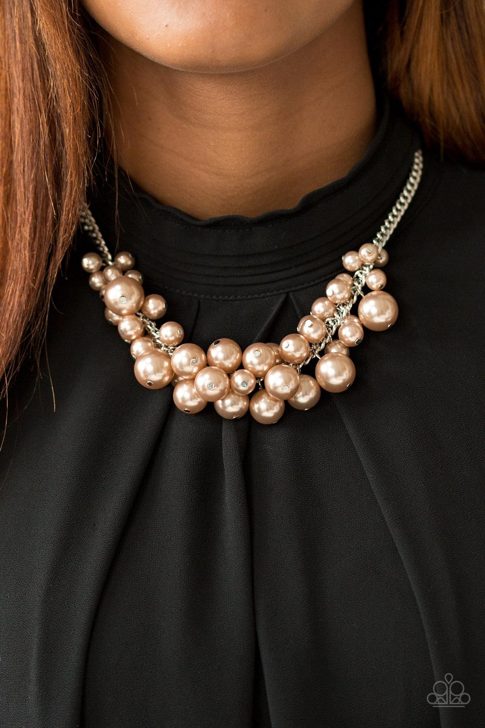 Paparazzi Accessories Glam Queen - Brown Varying in size, bubbly brown pearls cascade from the bottom of a bold silver chain, creating a dramatically clustered fringe below the collar. Features an adjustable clasp closure. Jewelry