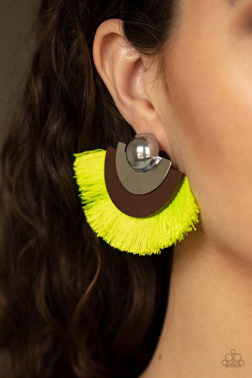 Paparazzi Accessories Fan The FLAMBOYANCE - Yellow Neon yellow thread fans from the bottom of a retro silver and wooden frame, creating a vivacious fringe. Earring attaches to a standard post fitting. Jewelry