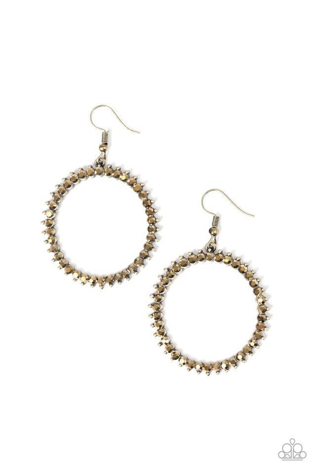 Paparazzi Accessories Spark Their Attention - Brass Glittery aurum rhinestones are encrusted along a studded brass hoop for an edgy-glamorous look. Earring attaches to a standard fishhook fitting. Jewelry