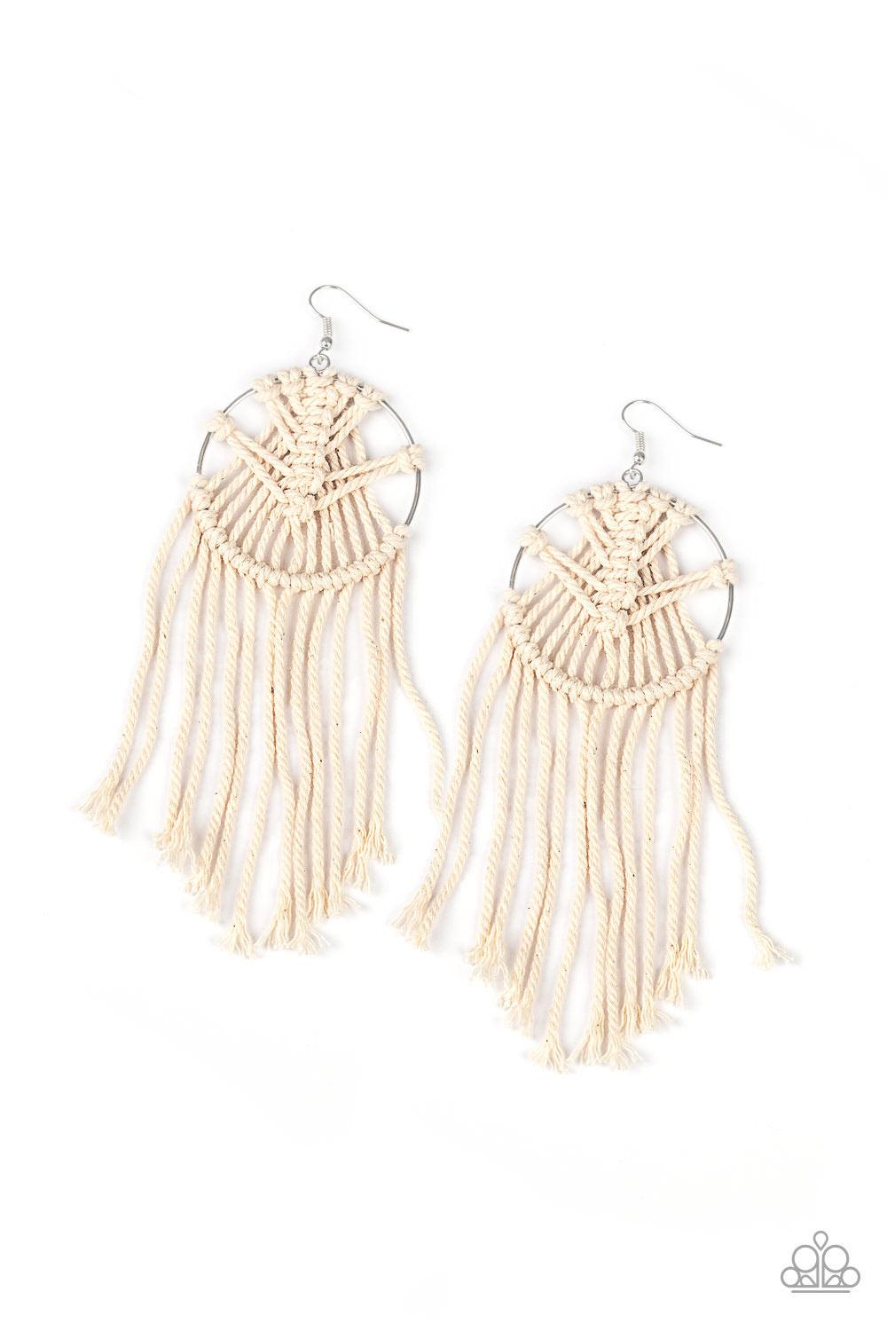Paparazzi Accessories MACRAME, Myself and I - White Soft twine is decoratively knotted around a silver hoop, creating a trendy tassel. Earring attaches to a standard fishhook fitting. Sold as one pair of earrin Jewelry