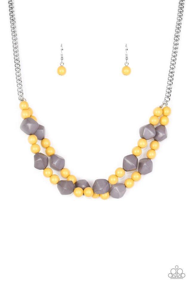 Paparazzi Accessories Galapagos Glam - Multi Tiers of round yellow and abstract gray beading layer below the collar in a colorful fashion. Features an adjustable clasp closure. Jewelry
