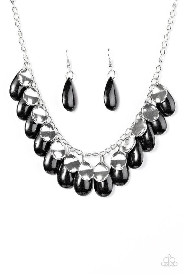 Paparazzi Accessories Tropical Storm ~Black Polished black teardrops drip from the bottom of a shimmery silver chain, creating a colorful fringe below the collar. Featuring a delicately hammered surface, dainty silver teardrops are sprinkled along the cha