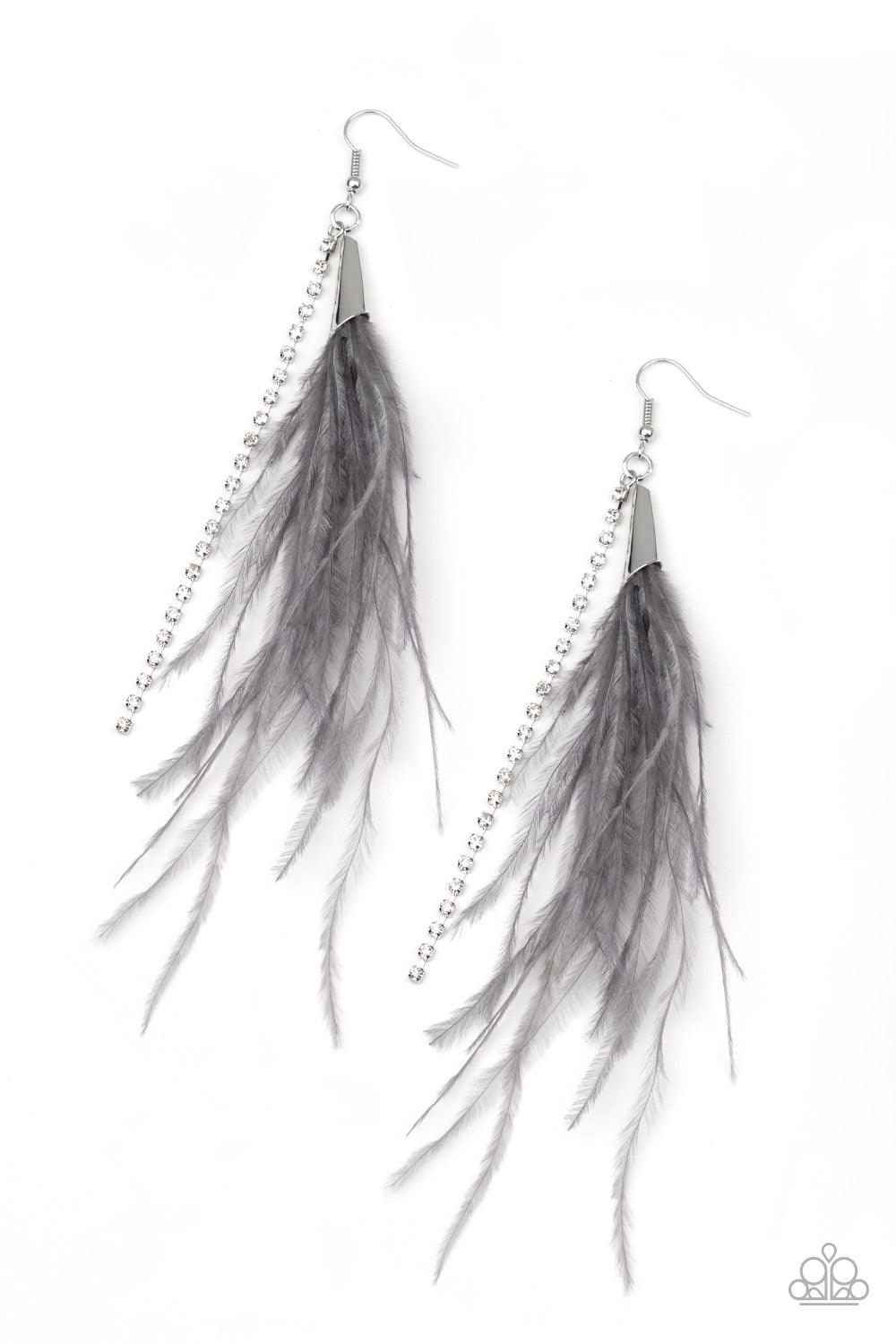 Paparazzi Accessories Show stopping Showgirl - Silver A soft plume of gray feathers and a dazzling strand of white rhinestones dramatically fall from the ear, creating a glamorous lure. Earring attaches to a standard fishhook fitting. Jewelry