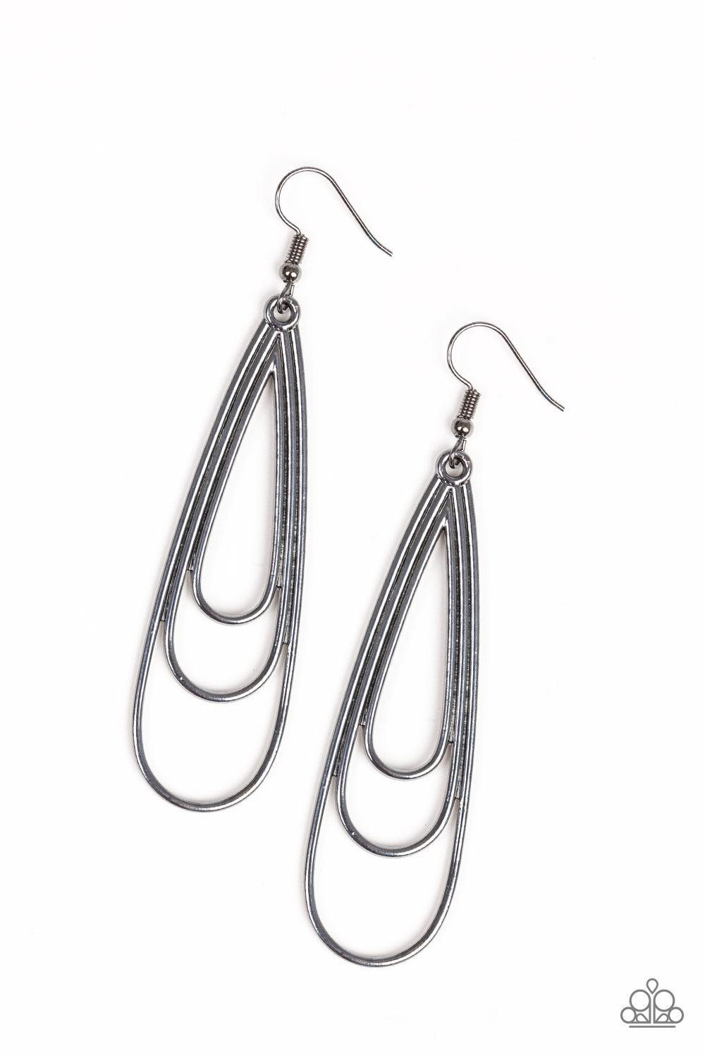 Paparazzi Accessories Triple Ripple ~Black Gradually increasing in size, glistening gunmetal teardrops coalesce into a rippling frame for an edgy look. Earring attaches to a standard fishhook fitting.