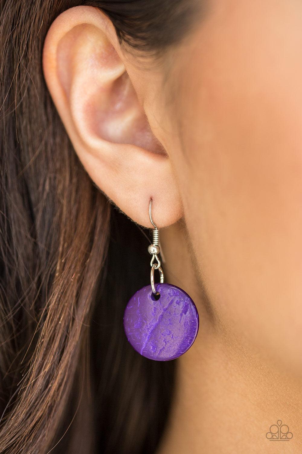 Paparazzi Accessories Catalina Coastin - Purple Brushed in a shell-like iridescence, vivacious purple wooden discs and round brown wooden beads are knotted along three strands of brown cording for a summery look. Features a button loop closure. Jewelry