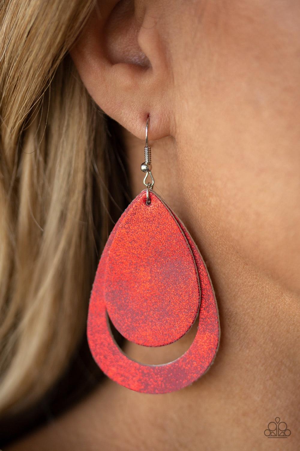 Paparazzi Accessories Fiery Firework - Red Brushed in a metallic red finish, sparkling leather teardrops drip from the ear, coalescing into a trendy lure. Earring attaches to a standard fishhook fitting. Jewelry