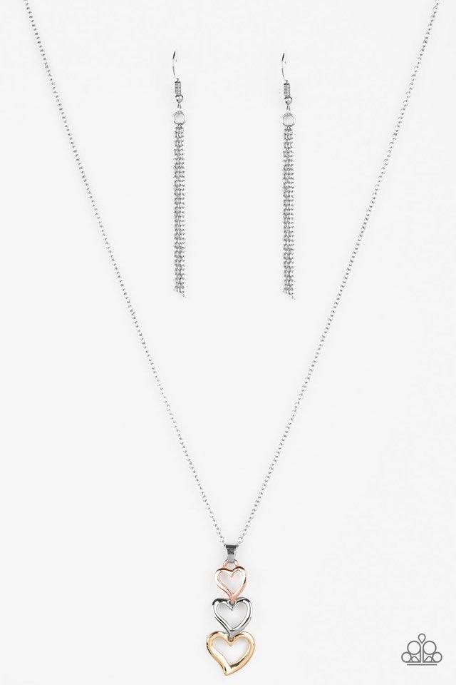 Paparazzi Accessories Hearts Aflutter - Multi Gradually increasing in size, shiny copper, silver, and gold heart frames connect into a flirty pendant below the collar. Features an adjustable clasp closure. Sold as one individual necklace. Includes one pai