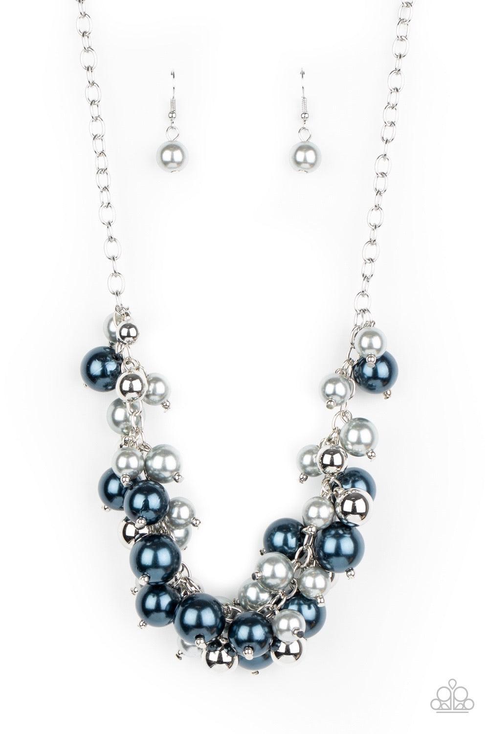 Paparazzi Accessories Uptown Upgrade ~Multi A bubbly collection of shiny silver, pearly Blue Depths, and Sleet beads cluster along a shimmery silver chain below the collar, creating a vivacious fringe. Features an adjustable clasp closure. Sold as one ind