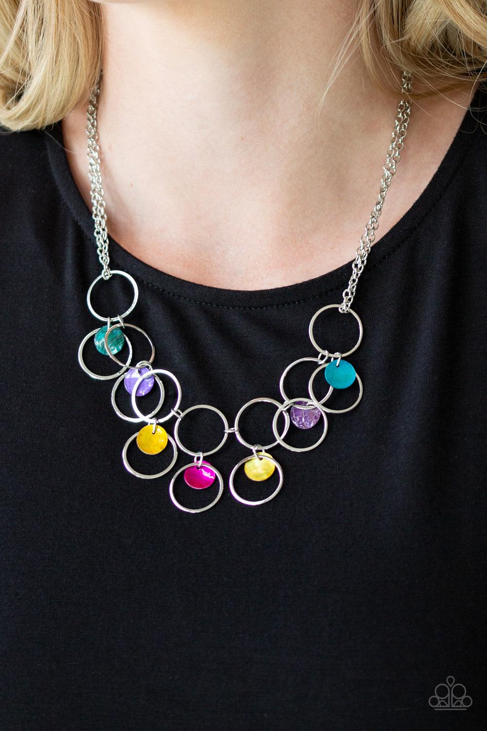 Paparazzi Accessories Ask And You SHELL Receive - Multi Infused with doubled silver chains, a row of glistening silver hoops connect below the collar. Multicolored shell-like discs and airy silver hoops swing from the bottom, creating a summery fringe. Fe
