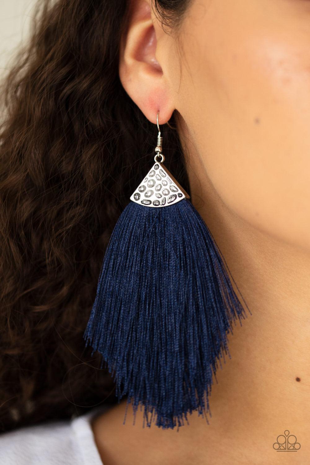 Paparazzi Accessories Tassel Tempo - Blue Shiny blue thread fans out from the bottom of a hammered silver fitting, creating a tapered fringe. Earring attaches to a standard fishhook fitting. Sold as one pair of earrings. Jewelry