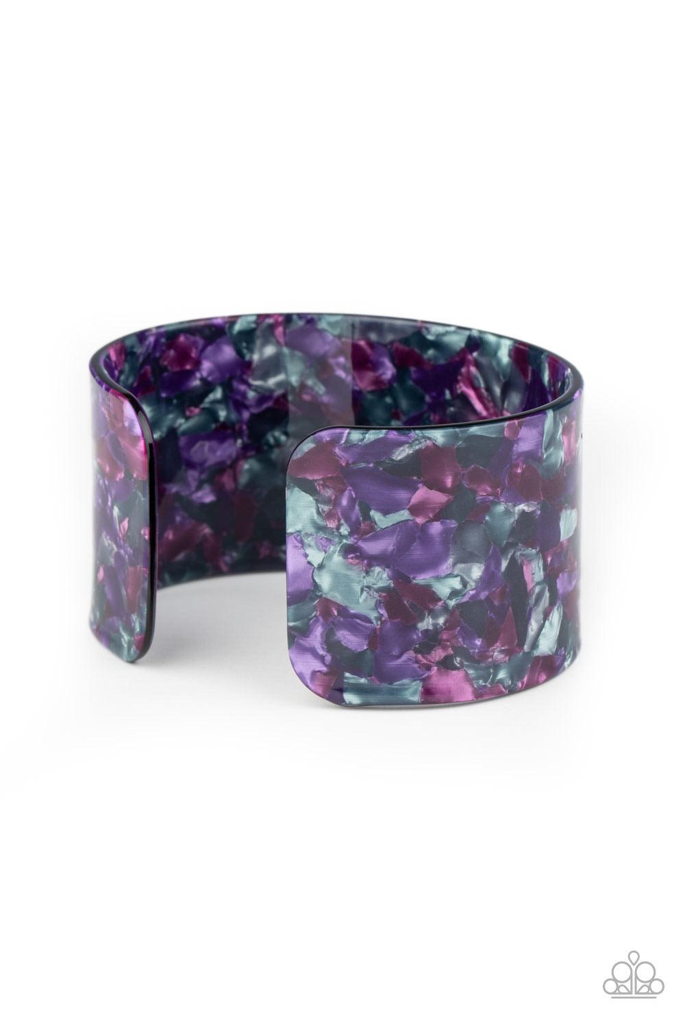 Paparazzi Accessories Freestyle Fashion - Purple Featuring a purple, pink, gray, and red tortoise shell-like pattern, a thick acrylic cuff delicately curls around the wrist for a colorfully chic look. Sold as one individual bracelet. Jewelry