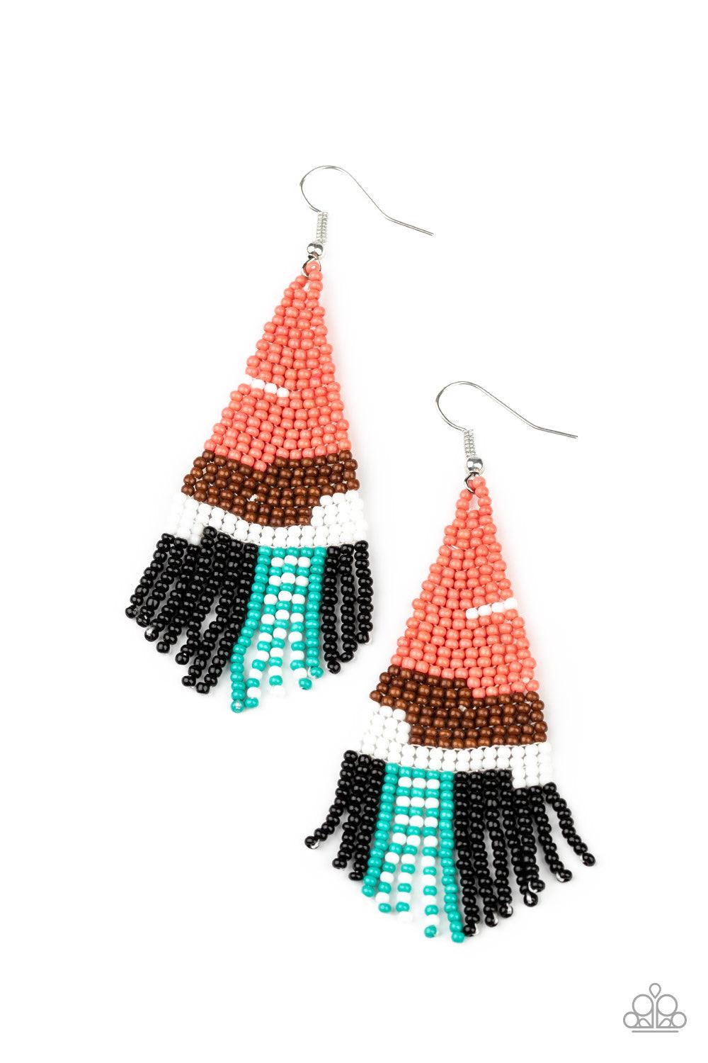 Paparazzi Accessories Summer Heat - Orange Strands of coral, white, brown, black, and green seed beads colorfully weave into a vivaciously beaded fringe. Earring attaches to a standard fishhook fitting. Jewelry