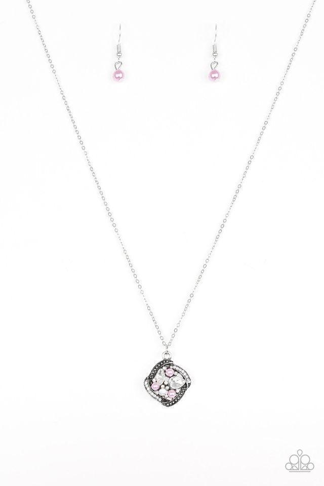 Paparazzi Accessories Speaking of Timeless - Purple Alternating in silver studs and glassy white rhinestones, dainty silver bars fold around a sparkling mishmash of glassy white rhinestones and dainty purple pearls. The sparkling pendant swings below the