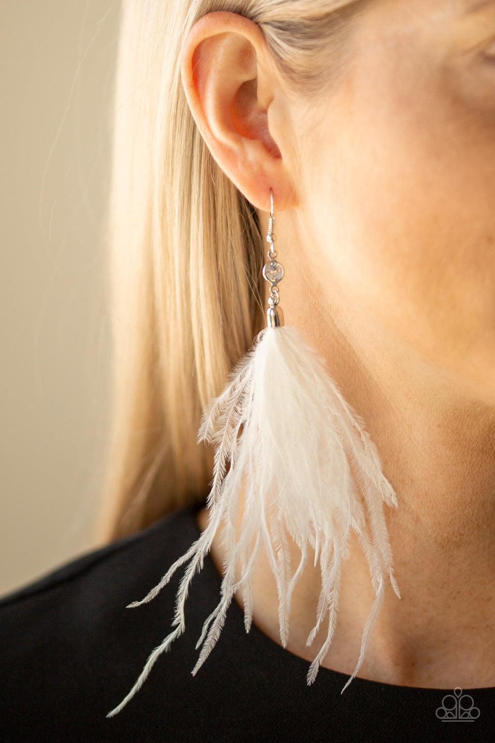 Paparazzi Accessories The SHOWGIRL Next Door - White A soft plume of white feathers attaches to a dainty white rhinestone frame, creating a flirtatious fringe. Earring attaches to a standard fishhook fitting. Jewelry