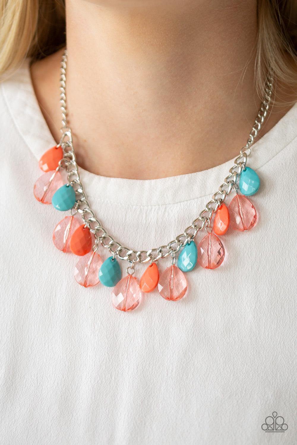 Paparazzi Accessories Just TEAR-ridiculous - Multi Faceted Limpet Shell, Living Coral, and glassy teardrops swing from the bottom of a thick silver chain, creating a vivacious fringe below the collar. Features an adjustable clasp closure. Jewelry