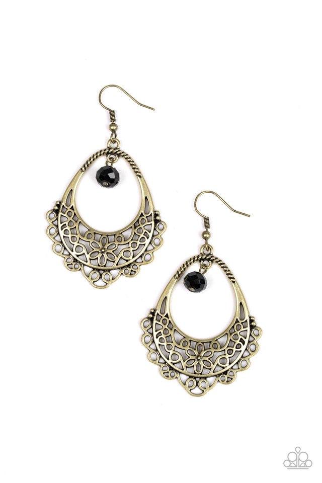Paparazzi Accessories Garden Society - Brass Glistening brass filigree swirls into a whimsical floral pattern on the bottom of an ornate teardrop frame. A black crystal-like bead swings from the top of the frame for a sparkling finish. Earring attaches to