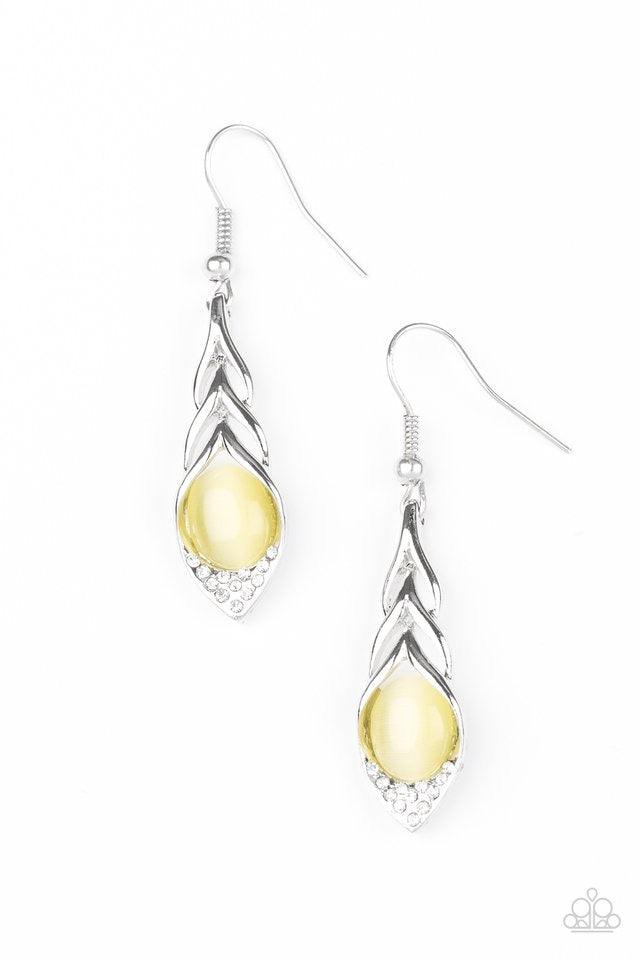 Paparazzi Accessories Soaring Shimmer - Yellow A glowing yellow moonstone is nestled in the bottom of a feather-like frame, creating a whimsical lure. Earring attaches to a standard fishhook fitting. Sold as one pair of earrings. Jewelry