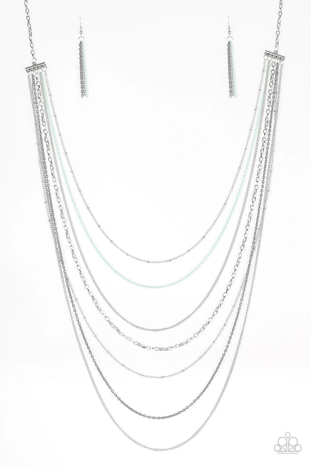 Paparazzi Accessories Radical Rainbows - Multi Mismatched silver chains alternate with dainty blue chains down the chest, creating a colorful industrial look. Features an adjustable clasp closure.Sold as one individual necklace. Includes one pair of match
