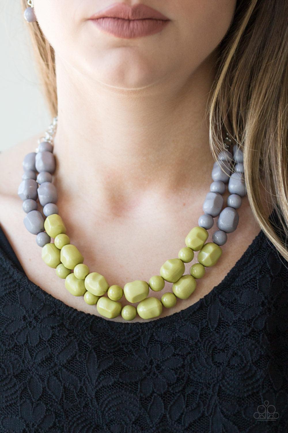 Paparazzi Accessories Island Excursion - Green Tiers of round and abstract gray beading give way to green beading, creating a cascading complementary ombre-effect below the collar. Features an adjustable clasp closure. Jewelry