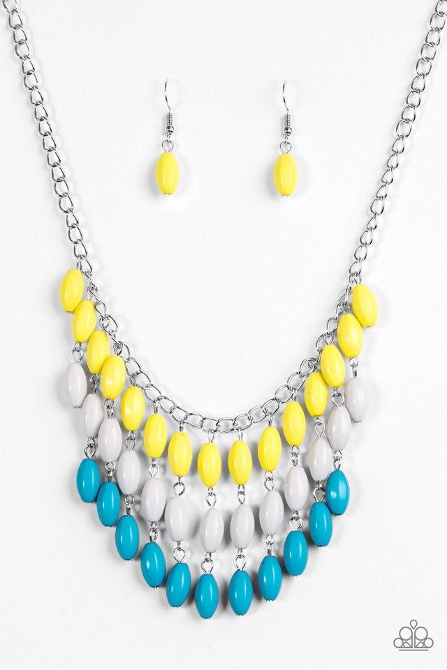 Paparazzi Accessories Delhi Diva - Multi Faceted yellow, gray, and blue beads cascade from the bottom of a shimmery silver chain, creating a flirty fringe below the collar. Features an adjustable clasp closure. Jewelry