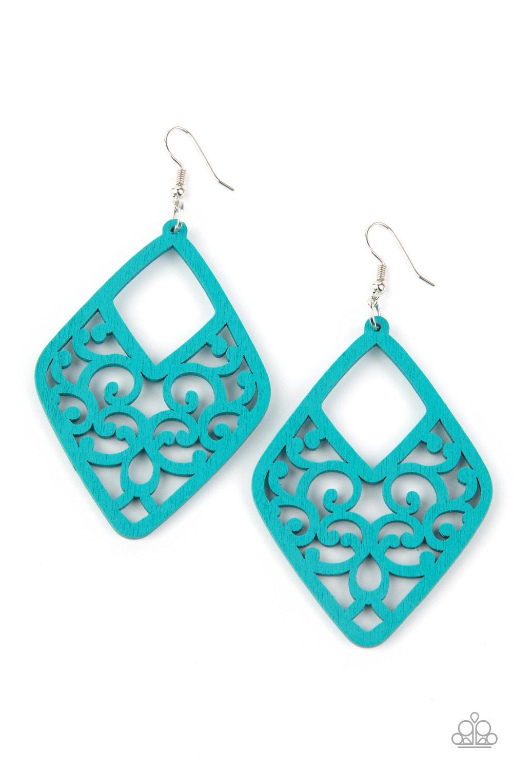 Paparazzi Accessories Vine For Taking - Blue Brushed in a refreshing blue finish, wooden vine-like filigree climbs an airy kite-shaped frame for a seasonal vibe. Earring attaches to a standard fishhook fitting. Sold as one pair of earrings. Jewelry