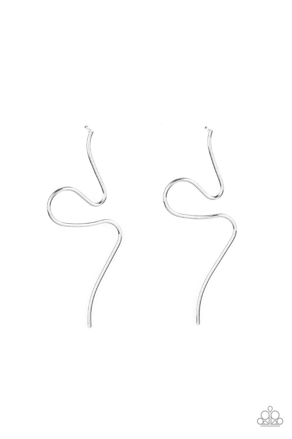 Paparazzi Accessories Heavy Metal Minimalist - Silver A shiny silver bar asymmetrically curves into an elongated lure for an edgy, minimalist inspired look. Earring attaches to a standard post fitting. Sold as one pair of post earrings. Jewelry