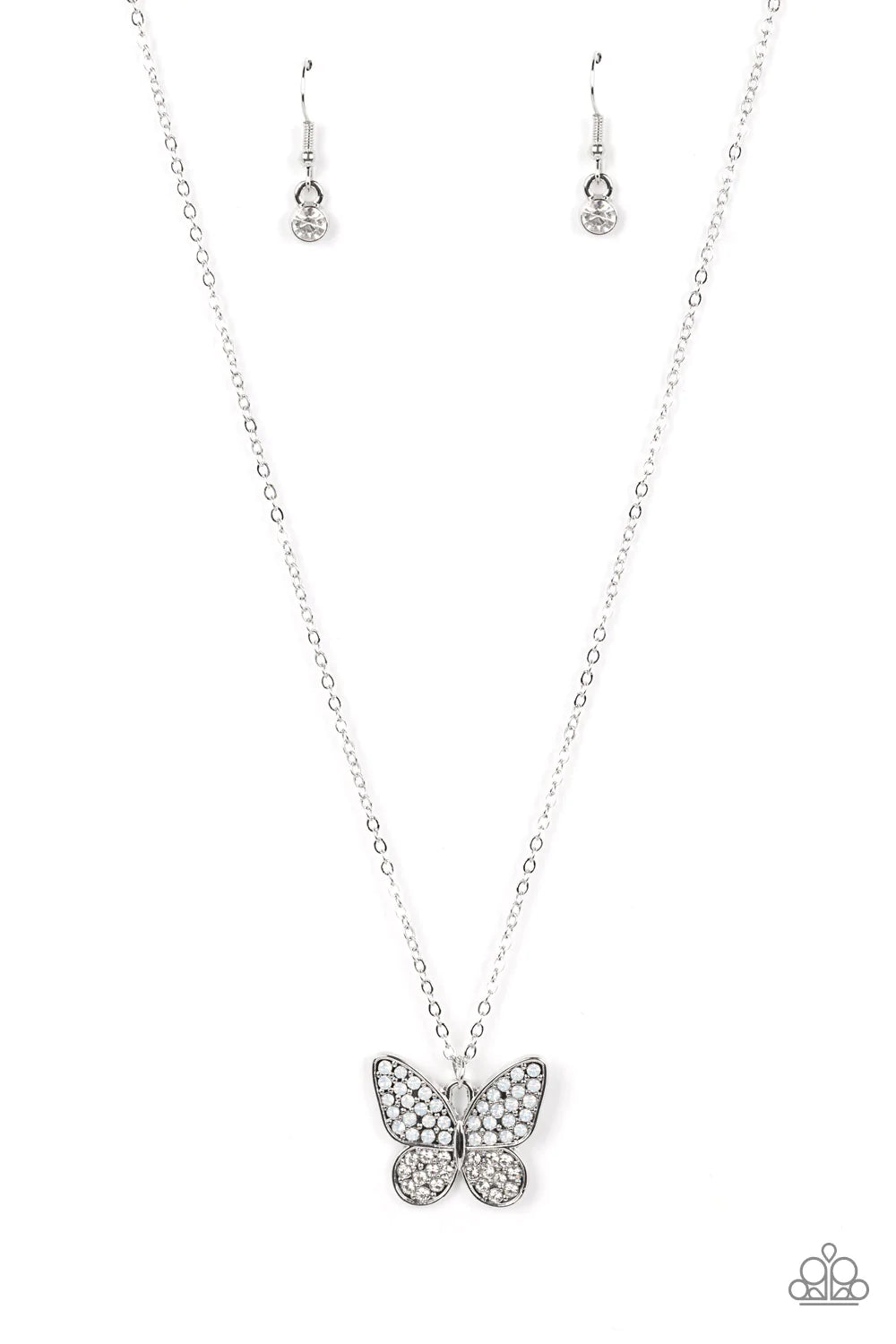 Paparazzi Accessories Flutter Forte - White Dotted in opalescent and glassy white rhinestones, a whimsical silver butterfly flutters along a dainty silver chain below the collar for an enchanting fashion. Features an adjustable clasp closure. Sold as one