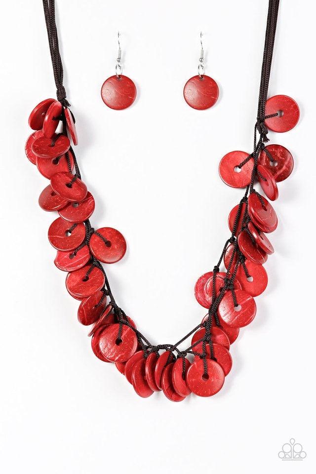 Paparazzi Accessories Jammin in Jamaica - Red Shiny wooden discs brushed in a red finish trickle along shiny brown cording, creating clustered layers below the collar. Features a button-loop closure. Sold as one individual necklace. Includes one pair of m