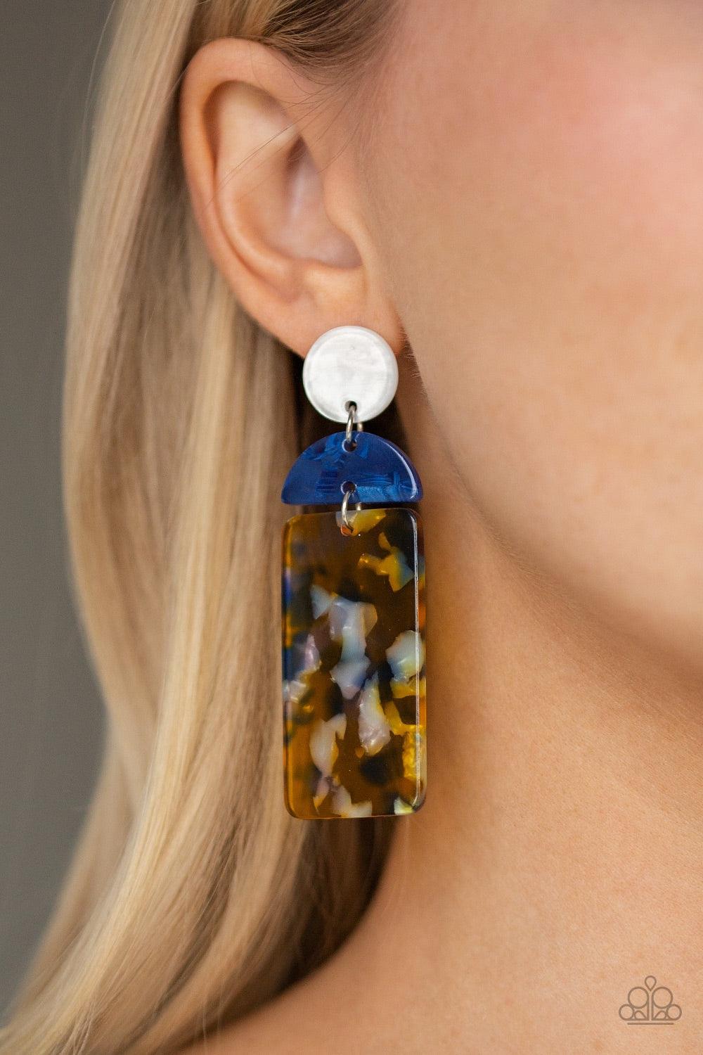 Paparazzi Accessories HAUTE On Their Heels - Yellow Brushed in a collision of faux marble finishes, an assortment of acrylic frames link into a retro inspired lure for a flirtatious flair. Earring attaches to a standard post fitting. Jewelry