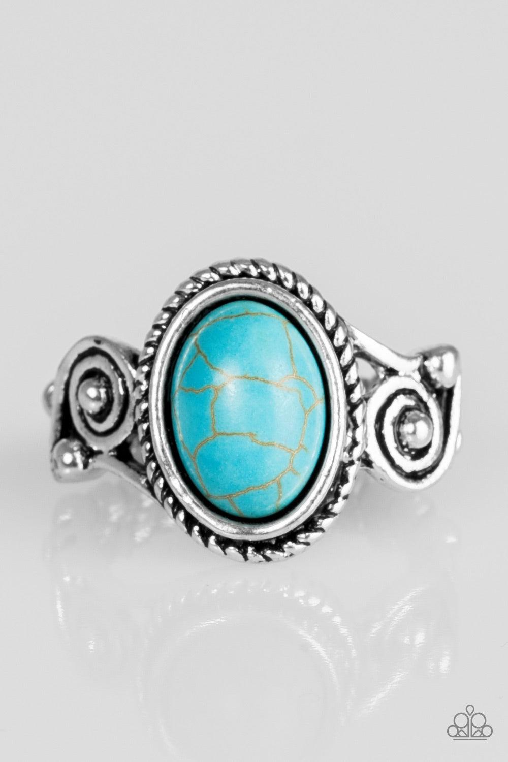 Paparazzi Accessories Cactus Creek - Blue Brushed in an antiqued shimmer, glistening ribbons of silver swirl into an ornate band. A refreshing turquoise stone is pressed into the center of a textured silver frame for a seasonal finish. Features a dainty s