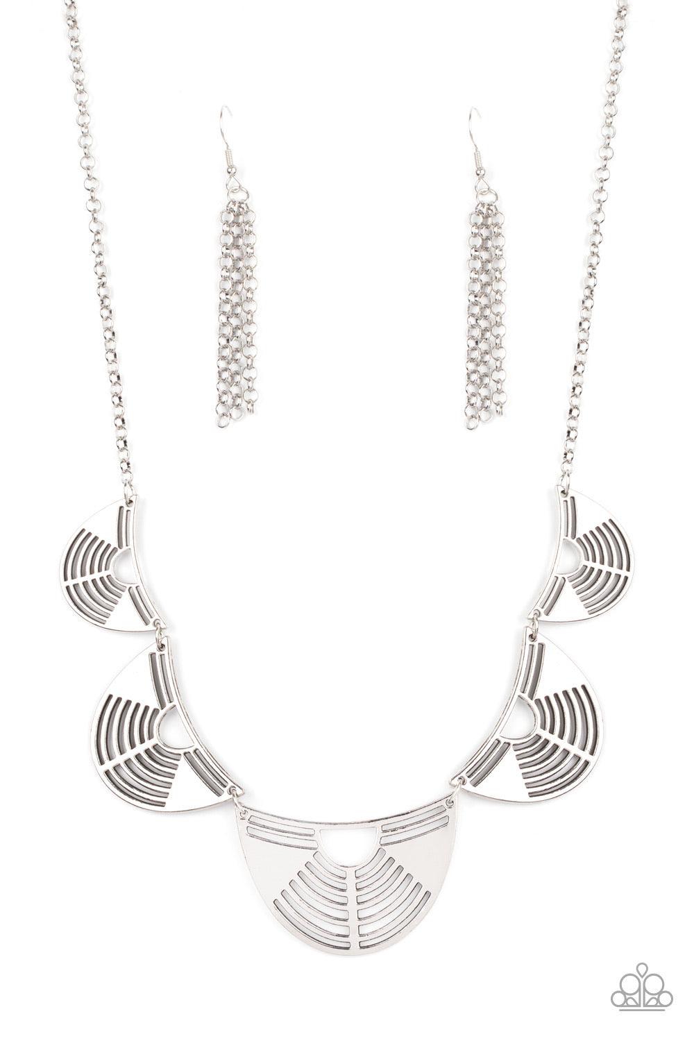 Paparazzi Accessories Record-Breaking Brilliance - Silver Featuring airy geometric cutouts, antiqued silver crescent shaped frames increase in size as they delicately link below the collar, creating an edgy fringe. Features an adjustable clasp closure. So