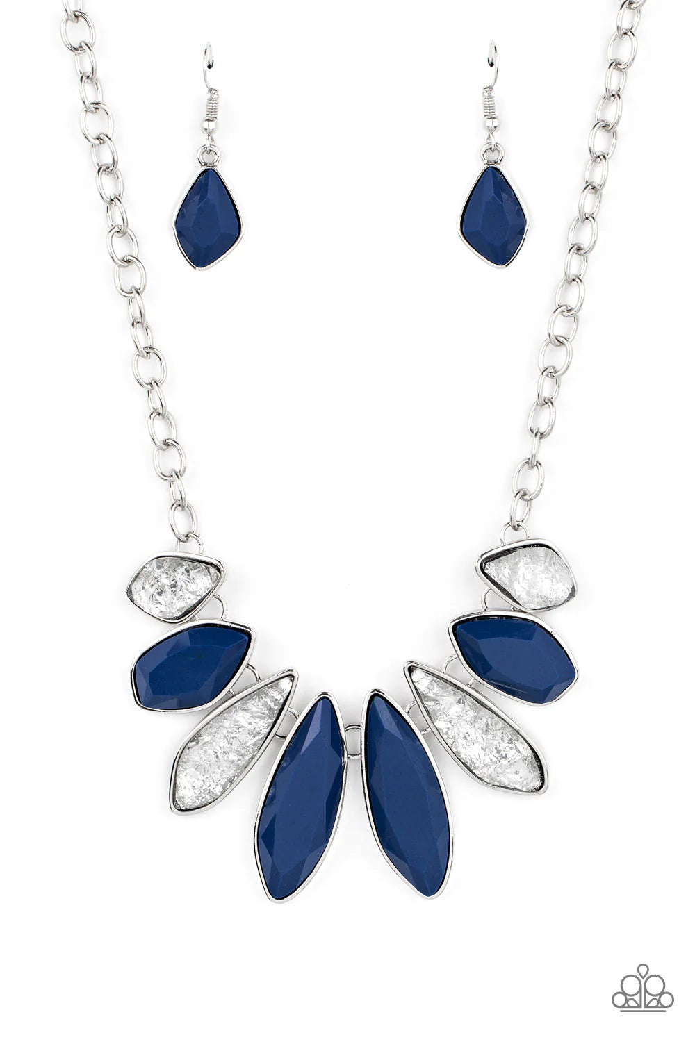 Paparazzi Accessories Crystallized Couture - Blue Alternating between rippling metallic matte wraps that shimmer, and sparkly blue rhinestones, these elongated silver-encased teardrop pendants drape below the collar creating an elegant, edgy staple. Featu
