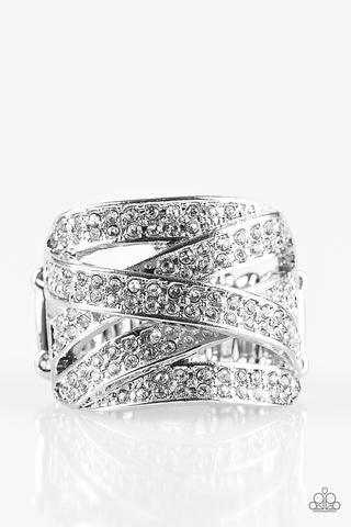 Paparazzi Accessories Life In The Glitter - White Encrusted in rows of glittery white rhinestones, shimmery silver ribbons crisscross across the finger, creating a blinding centerpiece. Features a stretchy band for a flexible fit. Jewelry