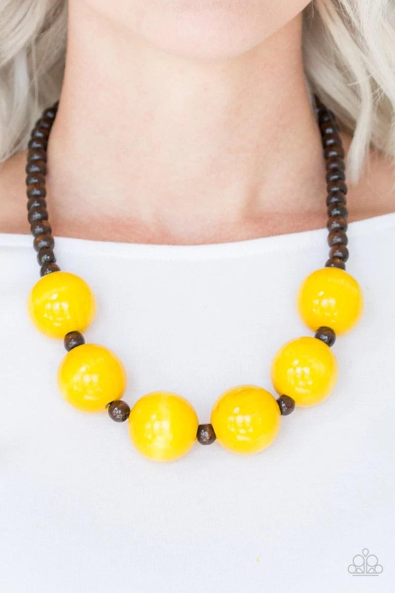 Paparazzi Accessories Oh My Miami - Yellow Brown wooden beads are threaded along shiny brown cording. Brushed in a vivacious finish, dramatic yellow wooden beads alternate below the collar for a bold summer look. Features a button loop closure. Sold as on