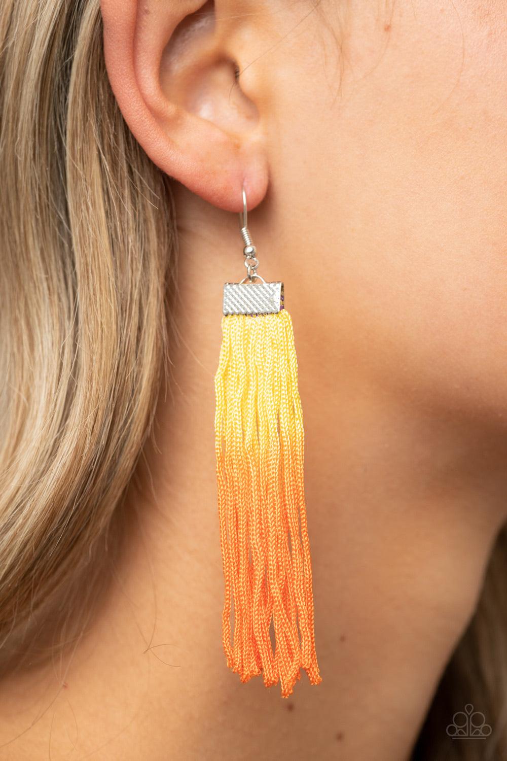 Paparazzi Accessories Dual Immersion - Yellow Colorful threaded tassels gradually fade from yellow to Amberglow, creating a vivacious fringe at the bottom of a hammered silver fitting. Earring attaches to a standard fishhook fitting. Sold as one pair of e