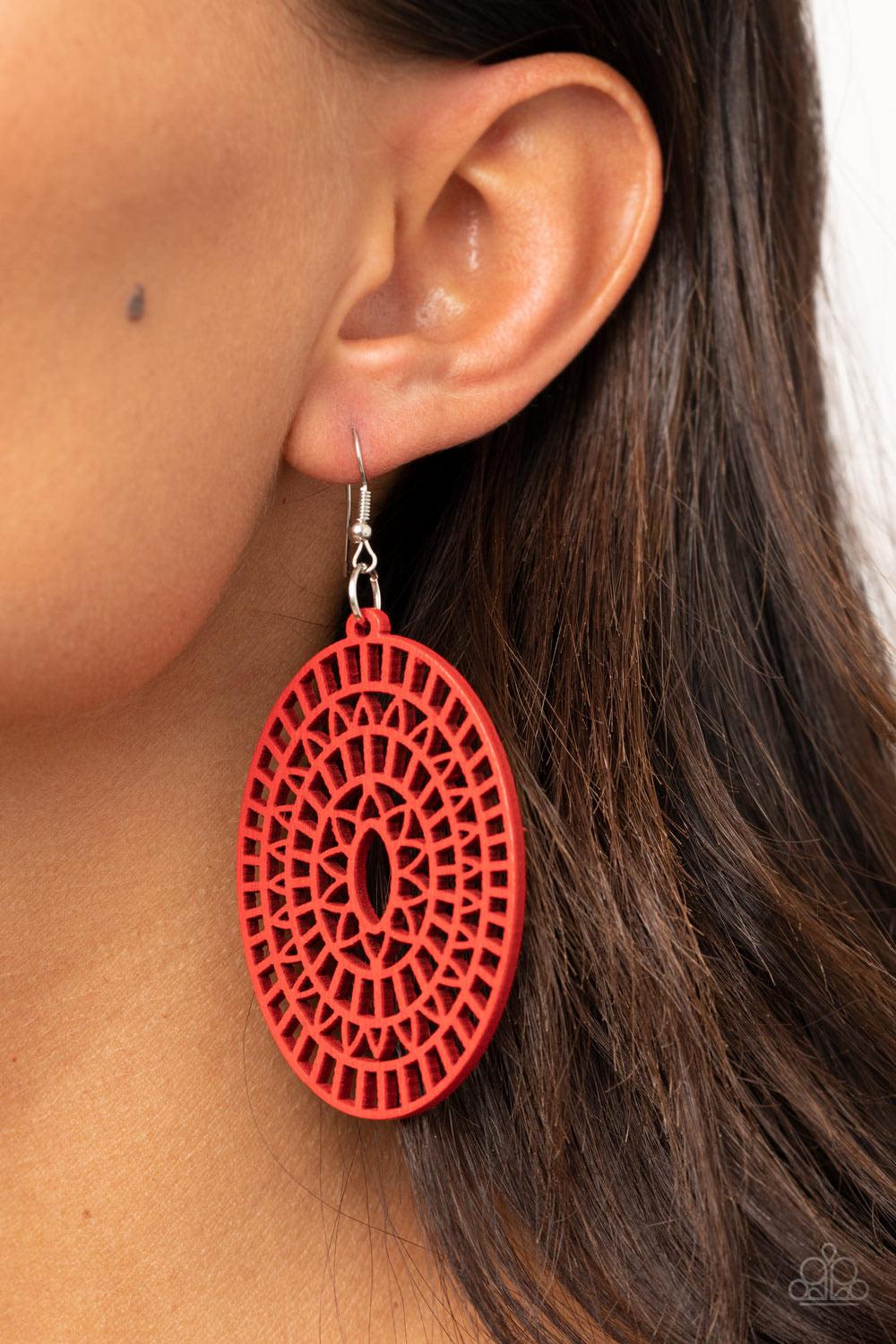 Paparazzi Accessories Tropical Retreat - Red Painted in a fiery Samba finish, an oval wooden frame has been cut into an airy floral stencil for a seasonal flair. Earring attaches to a standard fishhook fitting. Sold as one pair of earrings. Jewelry