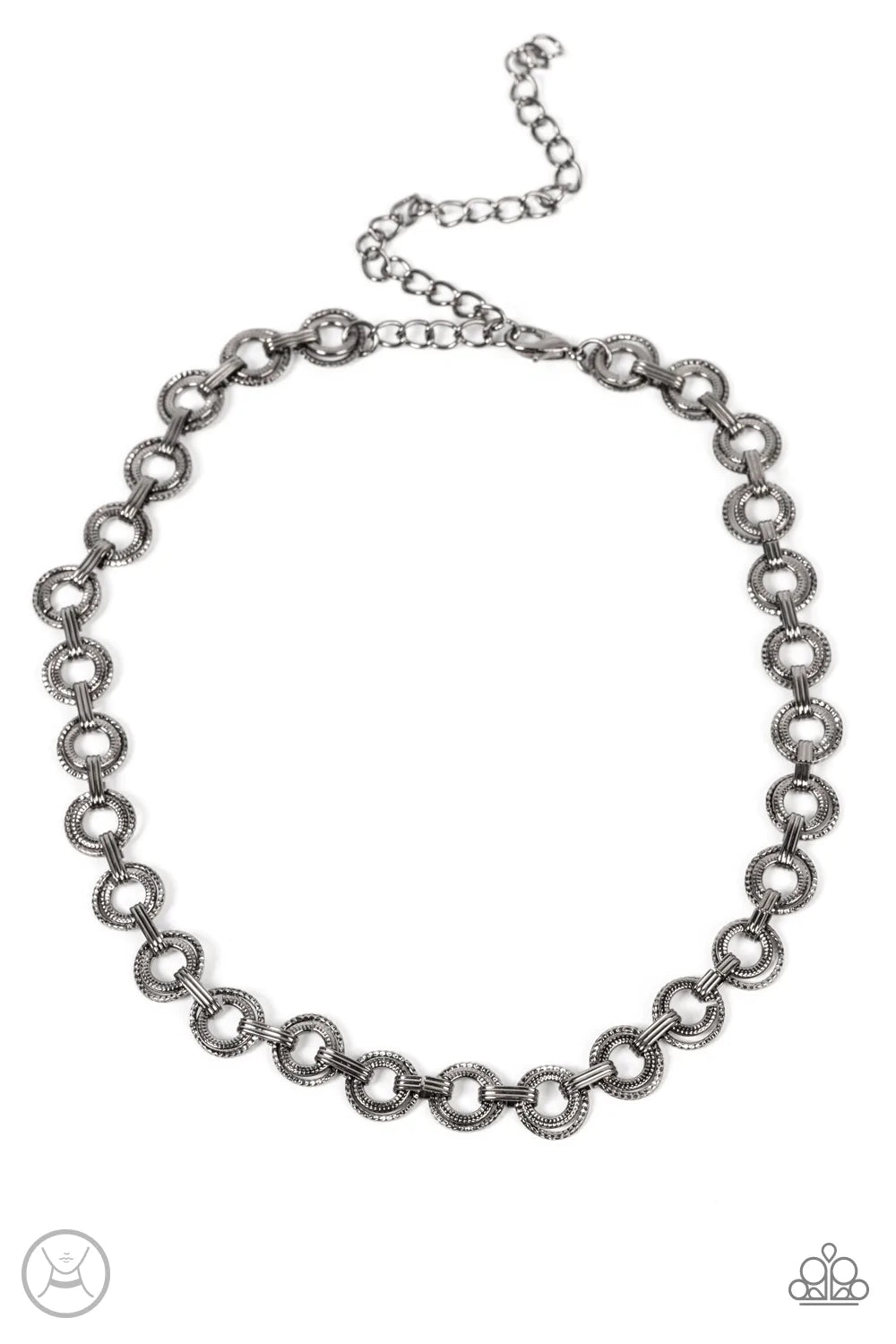 Paparazzi Accessories Grit And Grind - Black Dainty pairs of textured gunmetal hoops and rings link with pinched gunmetal fittings around the neck, resulting in a gritty vibe. Features an adjustable clasp closure. Sold as one individual choker necklace. I