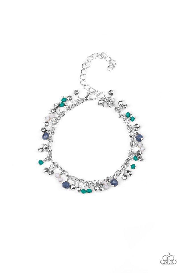 Paparazzi Accessories Aquactic Adventure - Blue A variety of faceted Arcadia, Sailor Blue, and Harbor Mist beads swing from a shimmery silver chain, creating a flirtatious fringe around the wrist. Faceted silver beads trickle between the colorful beads, a
