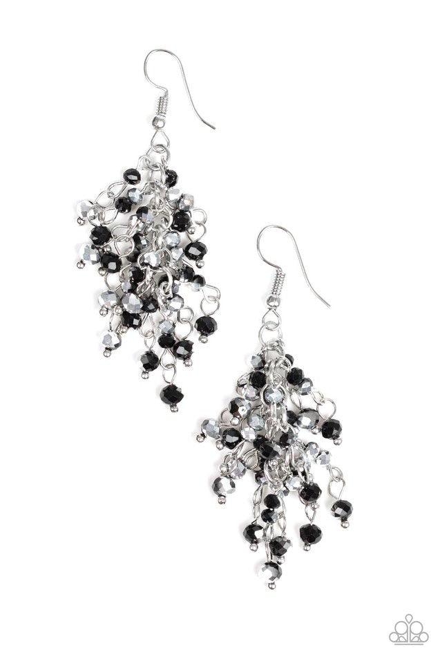 Paparazzi Accessories A Taste of Twilight - Black Twinkling metallic and black beads are threaded along dainty silver rods, creating a sparkling fringe. Earring attaches to a standard fishhook fitting. Jewelry