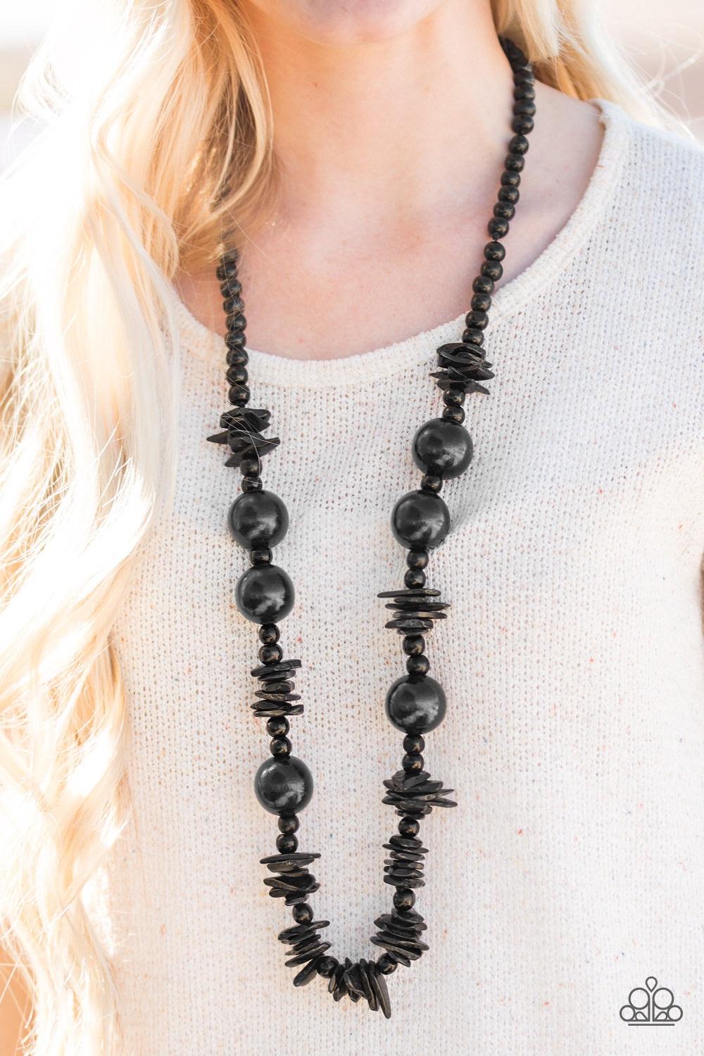 Paparazzi Accessories Yes We CANCUN - Black Brushed in a neutral black finish, polished wooden beads and distressed wooden accents trickle along the chest for a summery look. Jewelry
